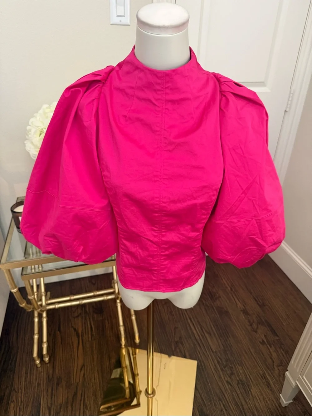 BR X Harbison Hot Pink Puff-Sleeve Smocked Backless Blouse Ai17